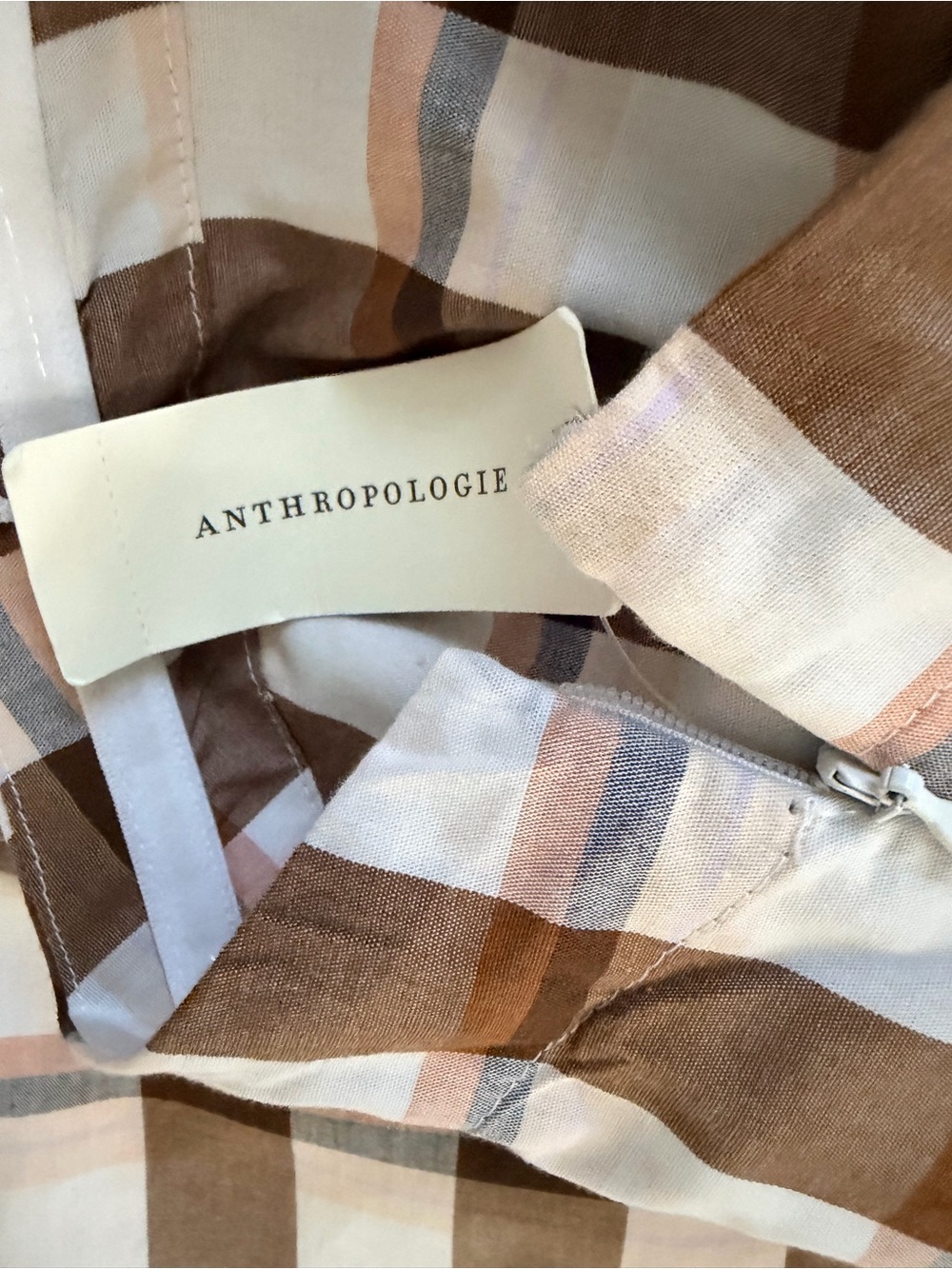 Anthropologie Brown & White Strapless Gingham Belted Midi Dress XL - Picture 5 of 7